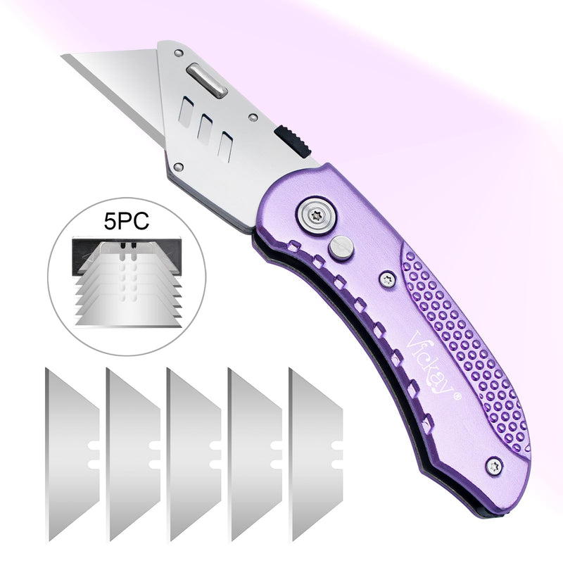 [Australia - AusPower] - Vickay Folding Utility Knife, Box Cutter with 5 SK5 Quick Change Blades, Safety Axis Lock Design Razor Knife, Lightweight Aluminum Handle Belt Clip for Office Home Artcraft （Light Purple) Light Purple 