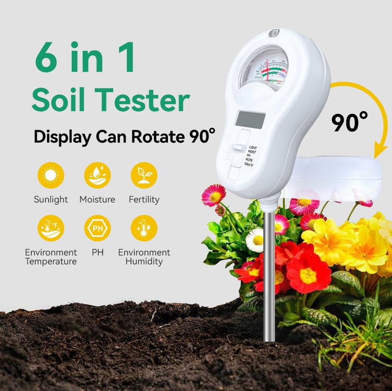 6in1 Multi-Function Soil Moisture Meters Tester Temperature/PH/Humidity/Moisture/Sunlight/Fertility Meter Soil Testing Analyzer Kit for Plants Farms Gardens Lawns Indoor Outdoor Plant Care