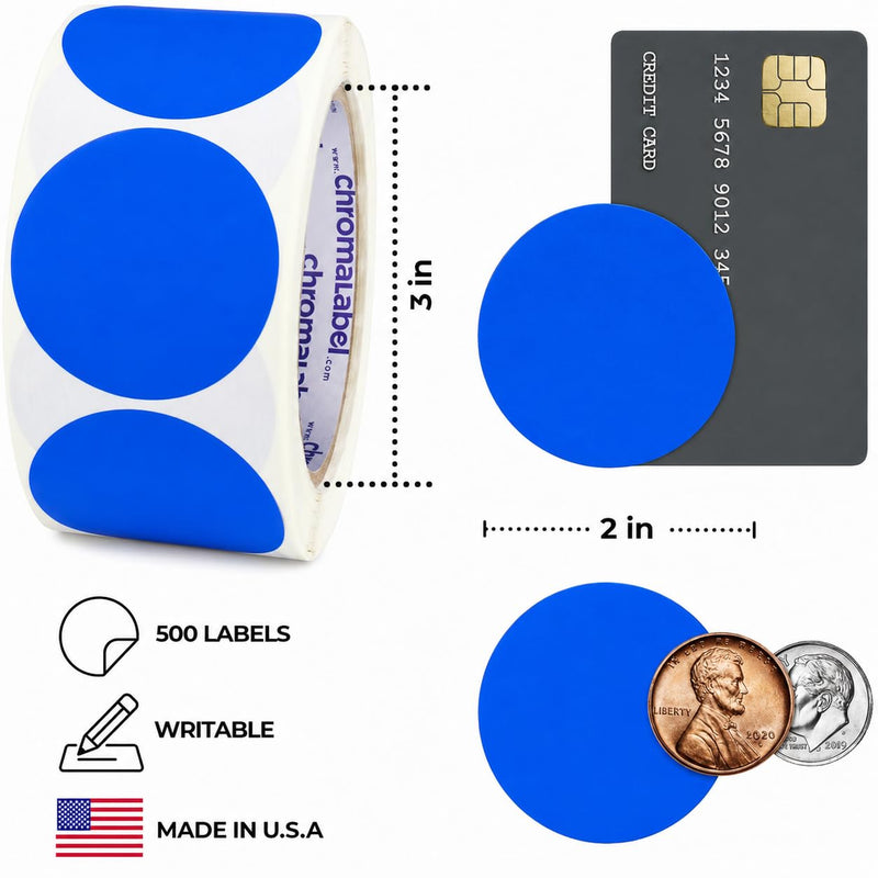 ChromaLabel Blue Dot Stickers, 2 Inch Round Color Coding Labels, 500/Roll, Writable Permanent Adhesive Circle Stickers for Inventory, Warehouse, Classroom, Moving Boxes, Office, Bins & Shelves 2" Dark Blue