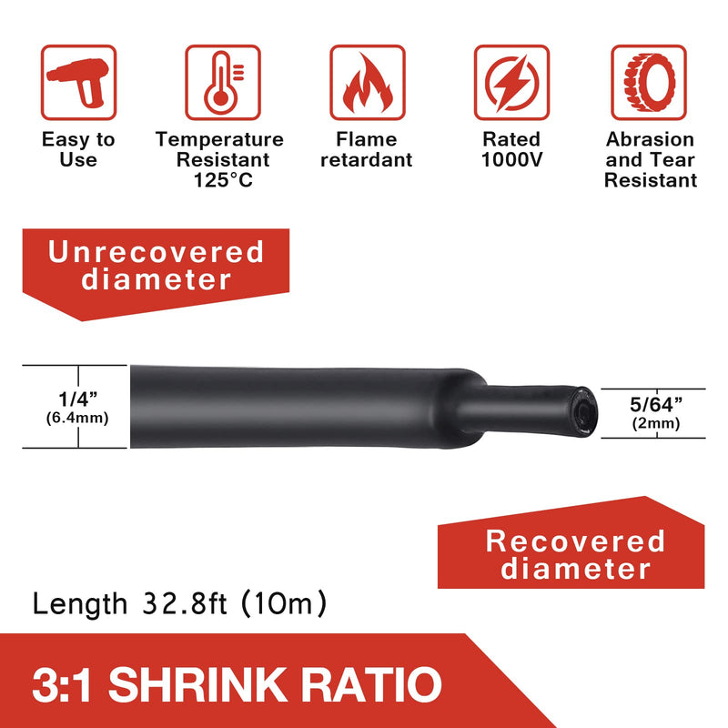 [Australia - AusPower] - 1/4" Heat Shrink Tubing, 32.8 Ft 3:1 Dual Wall Adhesive Lined Heat Shrink Tube, Marine Grade Waterproof Shrink Wrap Tubing, Electrical Industrial Automotive Sealing Shrink Tube for Wire Insulation 1/4" - 32.8FT Black 
