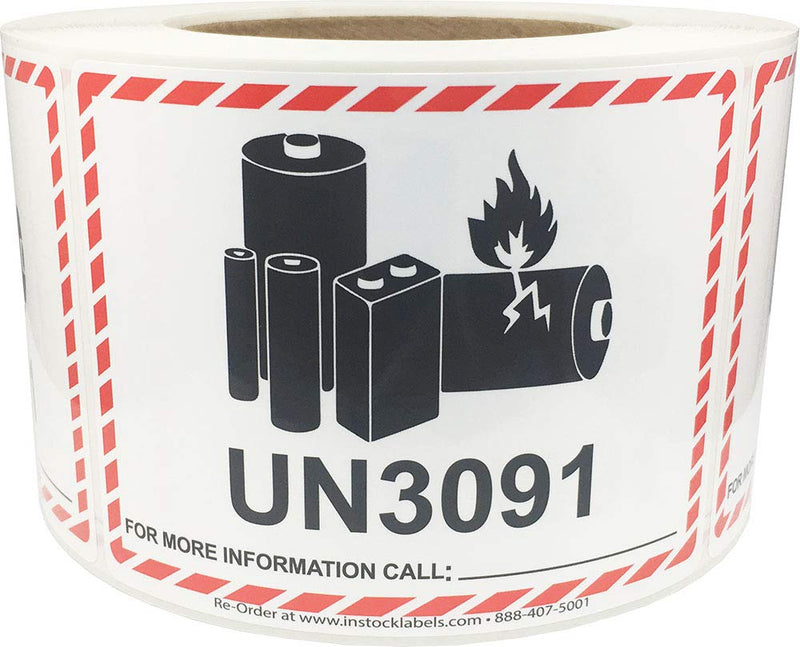 UN3091 Caution Lithium Battery Labels 3.25 x 4.25 Inch 500 Total Stickers for Smaller Packages Only
