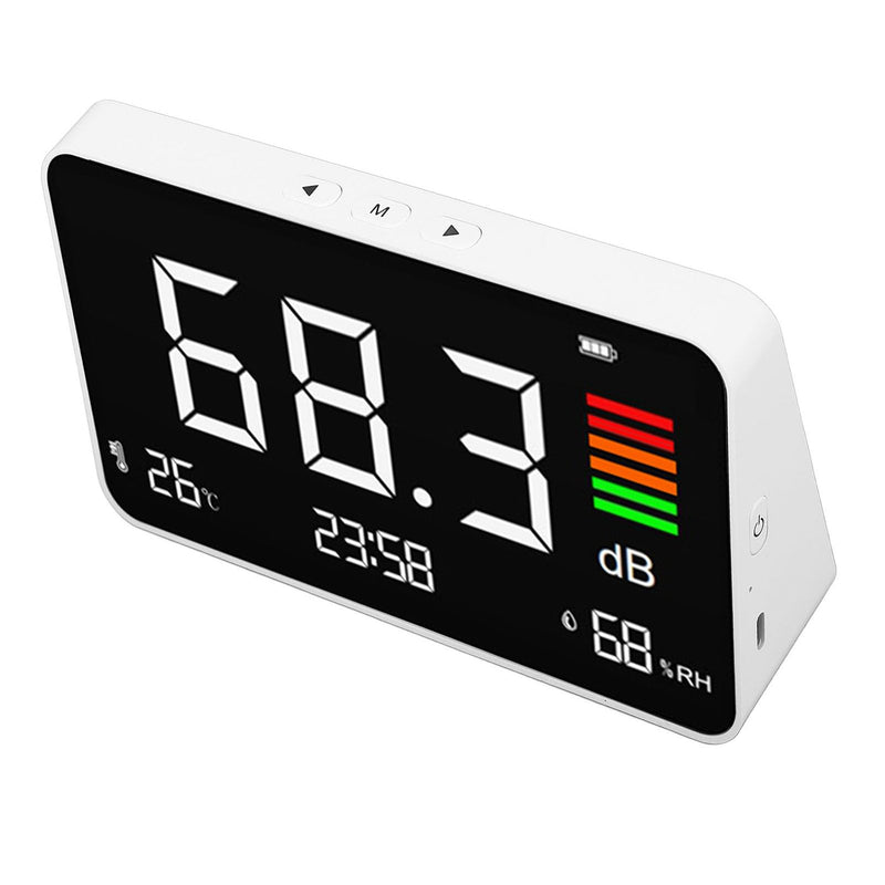Decibel Measuring Desktop Tester with LED Display, 30 to 130 dB Sound Level Meter Display Noise, Temperature and Humidity, Noise Meter for Home, Studio, Factory