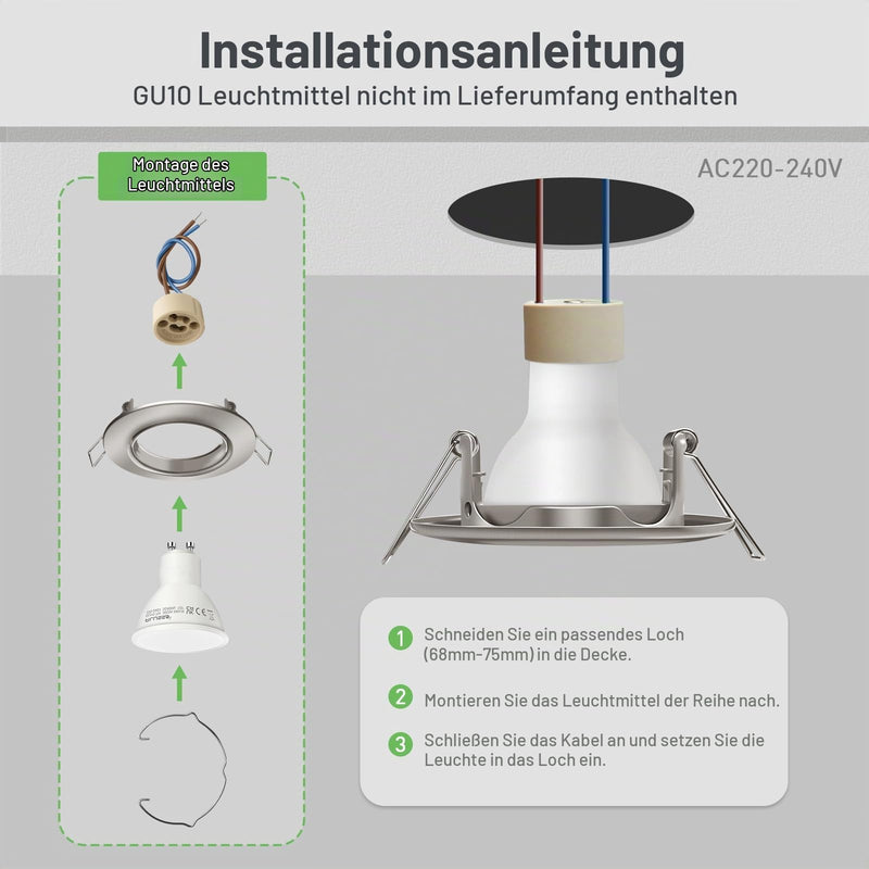 ALUSSO Set of 10 Metal Recessed Spotlights GU10 Frame 68 mm Mounting Frame 230 V | inkl. GU10 Fassung, 30° Schwenkbar, Abnehmbar Einbauspots Decken Spots Badezimmer für LED oder Halogen Leuchtmittel, Nickel Brushed Nickel