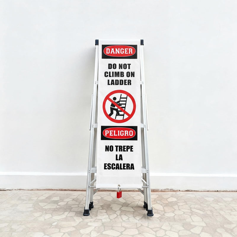 Spanish Bilingual Danger Do Not Climb On Ladder Cover Wrap - 87" Length x 13" Width Vinyl Safety Shield with Lock for Industrial Warehouses, Construction Sites