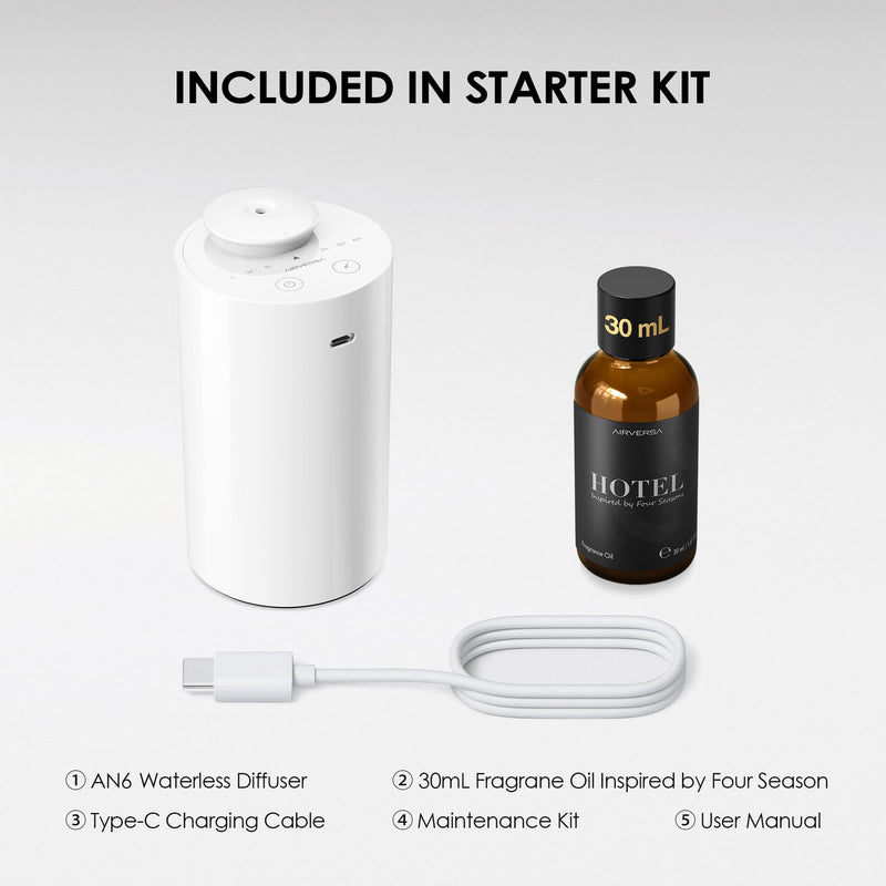 [Australia - AusPower] - Waterless Essential Oil Diffuser Starter Kit with 30mL Hotel Fragrance Oil Inspired by Four Season, Battery Operated Car Diffuser, Portable Aroma Nebulizer for Home Car Office, AN6Kit-B, White White+30 Kit1 Basic 