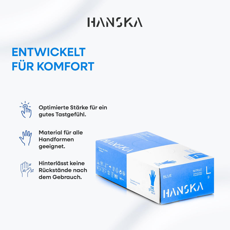 HANSKA Disposable Nitrile Gloves, Blue, Powder-Free, Insert and Bet, Ambidextrous, Non-Sterile, Rubber Base, Suitable for Medical, Food Handling (100, L) 100 cm