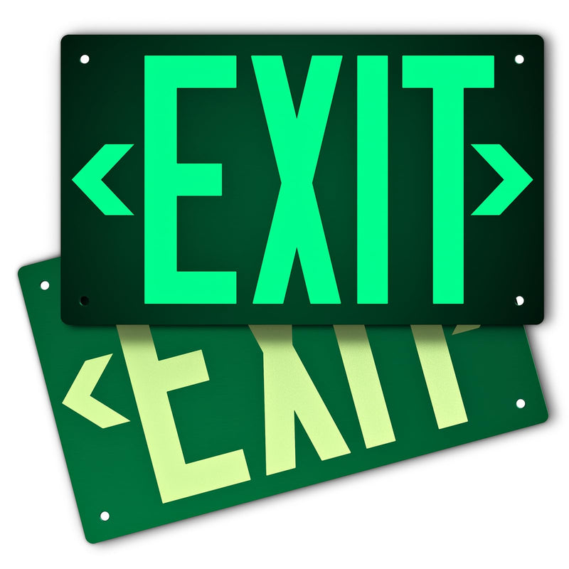 Photoluminescent Exit Sign Aluminum - Adhesive Backing Glow In The Dark - Removable Arrows Included - Pre-drilled Holes - 12x7 Inches - Non Electrical Green Exit Light For 50 Feet Visibility (2 Pack) Green 2 PCS With Pre-drilled Holes