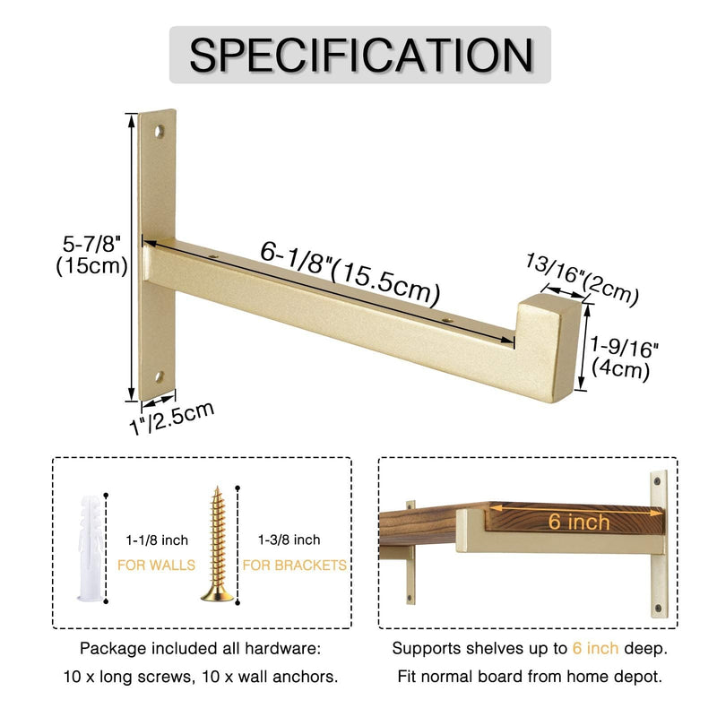 OVOV 4 Pcs Heavy Duty Shelf Brackets Wall Mounted Industrial Metal Shelf Supports (Gold) 6" 6 Inch Gold