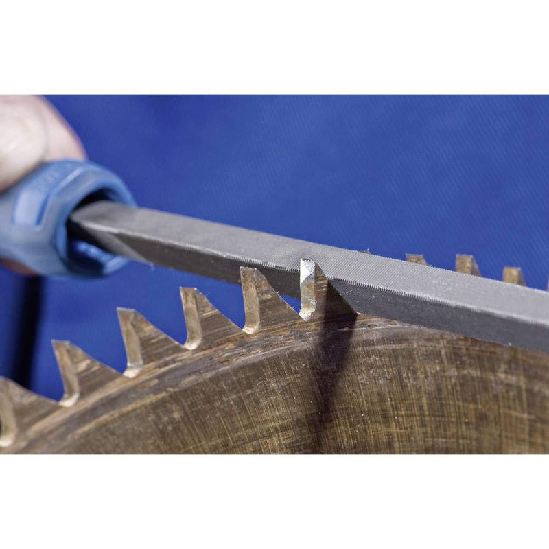 PFERD TOOLS Triangular Saw File Normal, 125 mm, Triangular, Tapered File, 2 on Three Sides and Three Edges, Includes Ergonomic File Handle, 11274127 - Universal for Sharpening Length 125mm