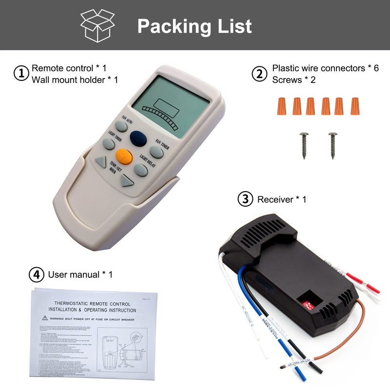 CENMING FAN-9T Thermostatic Ceiling Fan Light Remote Control Kit for Hampton Bay Hunter,w/Receiver Fan Timer Key LCD Display Temp 3-Speed, Replacement for FAN-9T L3HFAN-9T, No Dimmer No Reverse 9T FAN TIMER Kit