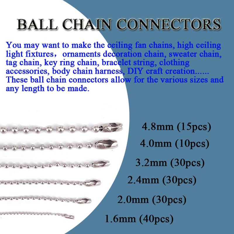 [Australia - AusPower] - KINGOU 155pcs Stainless Steel Ball Chain Connector Clasps Fits for 1.6/2.0/2.4/3.2/4.0/4.8mm Beaded Ball Chain 