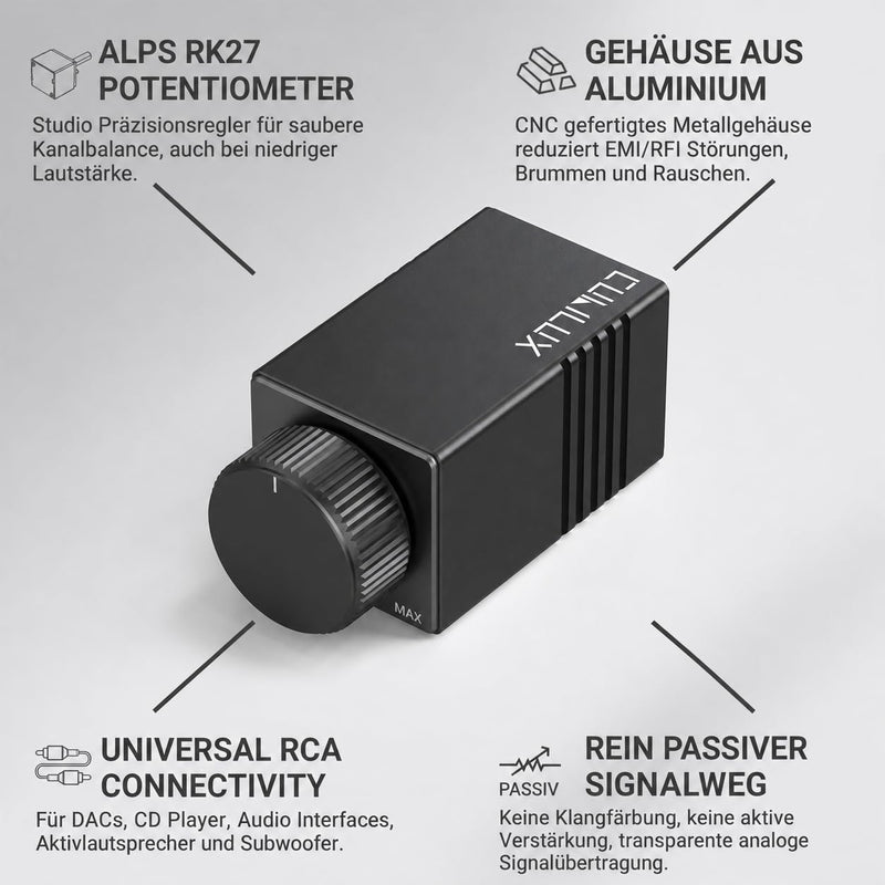 Cubilux High Precision RCA Volume Control, Passive In-Line RCA Bass Control, Desktop Preamp Audio Control for Active Speakers, Active Subwoofers and Studio Monitors