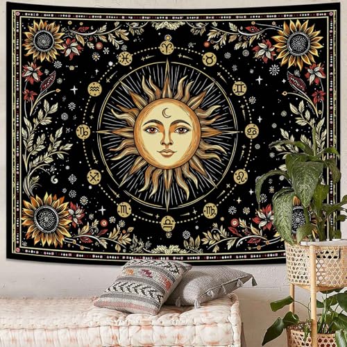 Lunerfex Celestial Sun Tapestry - Zodiac Wheel Wall Hanging for Bedroom and Living Room - Boho Spiritual Decor Tapestries 80"x60" 80"L x 60"W Light Yellow