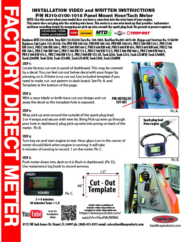 Hardline Products USA Digital Hour Meter & Tachometer – OEM Replacement for Toro - MTD - Cub Cadet - Bad Boy - Troy Built - Briggs and Stratton– Waterproof Inductive Maintenance Gauge – N310 HOUR/TACH METER