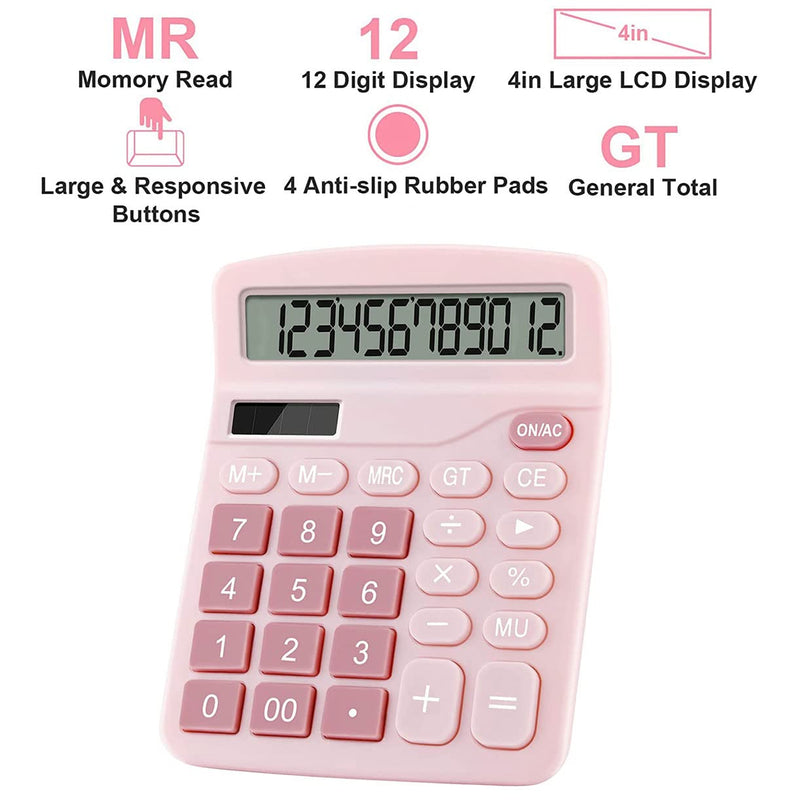 [Australia - AusPower] - Office Calculators Desktop, 12-Digit Dual Power Cute Calculator with Large LCD Display Big Button for Office Home and School (Pink) Pink 