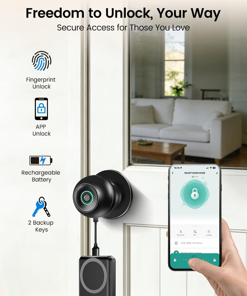 Fingerprint Door Lock, Smart Fingerprint Door Knob with Lock, Biometric Door knob with App Control & Key, Keyless Thumbprint Entry Door Lock for Bedroom, Front Door, Home, Apartment Office-Stain Black