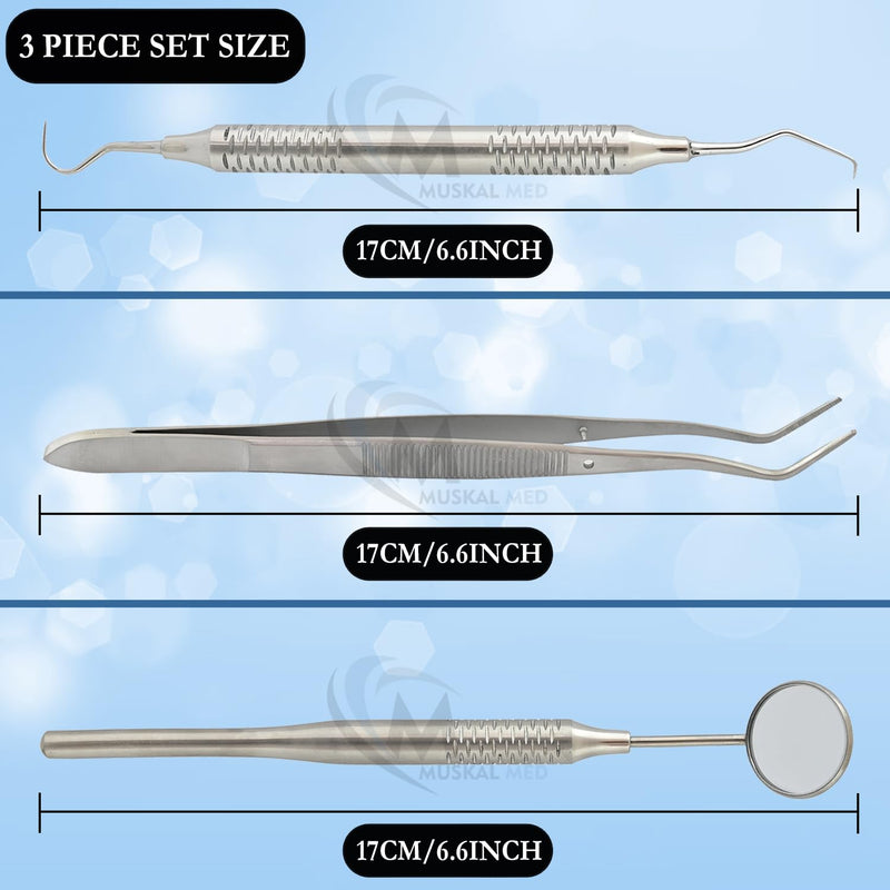 [Australia - AusPower] - Set of 3 Instruments Basic Dental Set Mirror Explorer College Cotton Plier Hollow Handle Dental Instruments (Silver) DN-2512 Silver Set of 3 