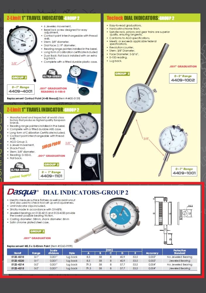 [Australia - AusPower] - Dasqua 5122-4210 0-1" Lug Back Large Measuring Range Dial Indicator Jeweled 0-1" / 0.001" - Lug Back 