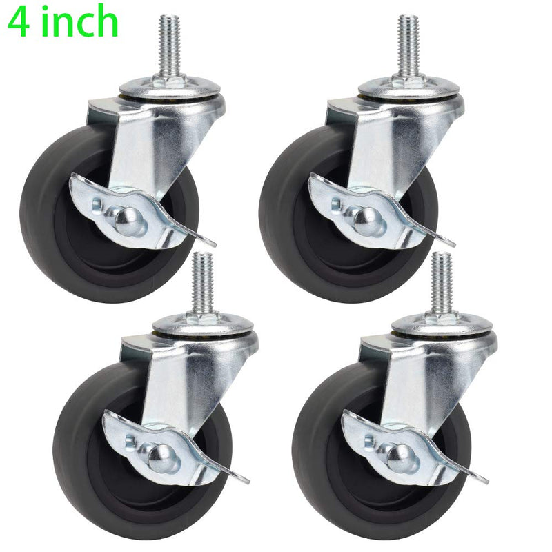 [Australia - AusPower] - DICASAL Stem Casters with Imperial 3/8-16x25mm Stem Thread Heavy Duty and Highly-Elastic TPR Wheels Mute Castors with Side Brakes Pack of 4 (4 Inch) 4 inch 3/8*1" Grey TPR 