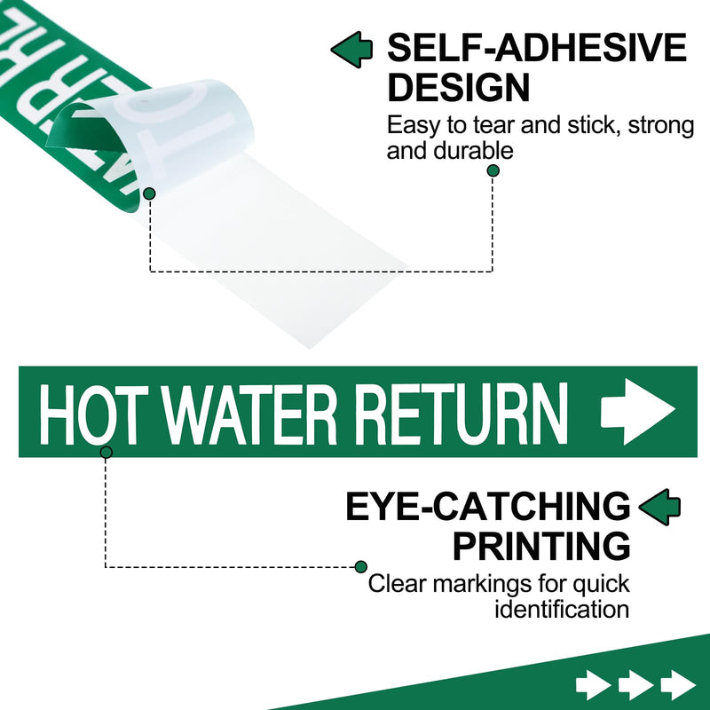 1 Roll Economy Pipe Markers - 1" Height x 8" Width Hot Water Return Pipe Labels, White On Green Pressure Sensitive Vinyl