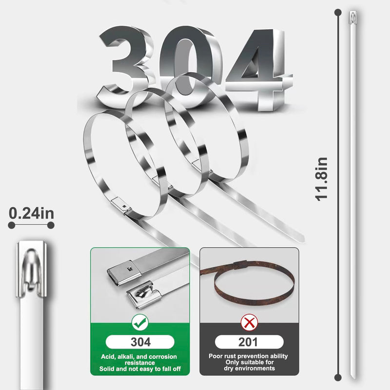 [Australia - AusPower] - 100-Pack Metal Zip Ties 11.8 inch, Heavy Duty 304 Stainless Steel Self-Locking Cable Ties for Outdoor Use, Multifunctional Cable Ties for Exhaust Wrap, Chain Link Fence Parts, Farms, Pipes 100pcs 