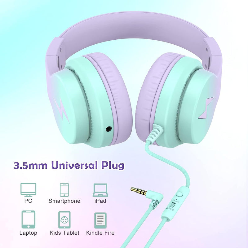 [Australia - AusPower] - Kids Headphones, Wired Headphones for Kids Over Ear with Microphone, 85/94dB Volume Limiter Headphones for Girls Boys with Sharing Jack, Foldable Headphones for Online Study,Gradient Purple Light Purple 