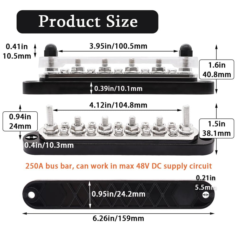 [Australia - AusPower] - 12V Bus Bar 250A Power Distribution Block Busbar 6 x 1/4" Studs 10 x #8 Screw Terminals for Marine, Automotive, and Solar Wiring (Pair, Red & Black) 
