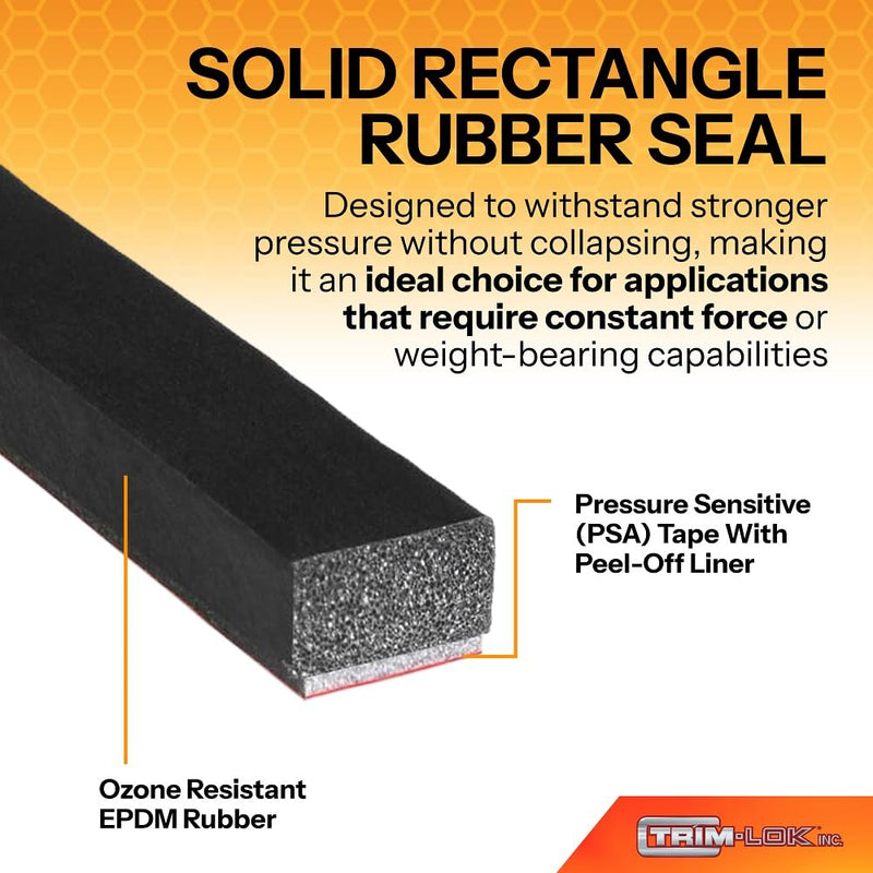 TRIM-LOK Rectangle Rubber Seal with 3M Bonded Tape, 0.25-Inch Height, 0.5-Inch Width, 25-Foot Length, EPDM Foam Weather Stripping for Door Frame, Window Insulation, Vehicles, and Boats AX272BT-25