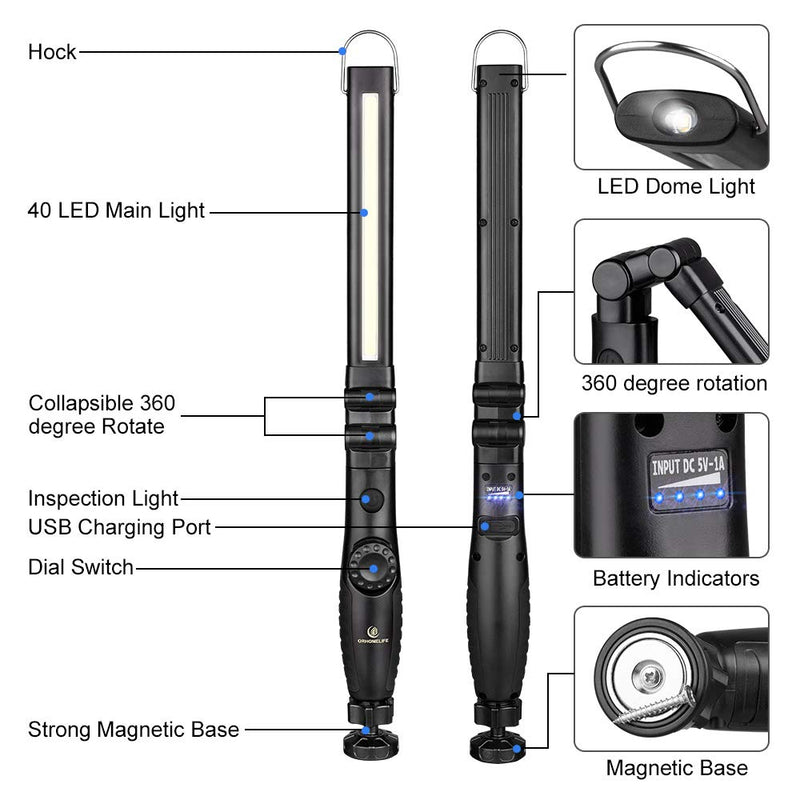 [Australia - AusPower] - ORHOMELIFE Rechargeable LED Work Light - 750 Lumens Foldable LED Flashlight Handheld Cordless Work light with Magnetic Base, 360°Rotate, Power Indicator for Car Repair, Garage, Household (2 Pack) 2 Pack Dark 