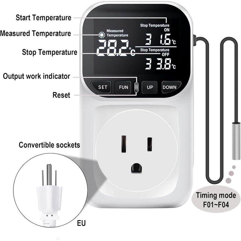 [Australia - AusPower] - Digital Thermostat Socket, Only Fahrenheit Countdown Temperature Controller 110~120V VA Display Heating Cooling Mode Timer with Sensor for Reptile Greenhouse Home Fermentation Home, -40℉~210℉ 