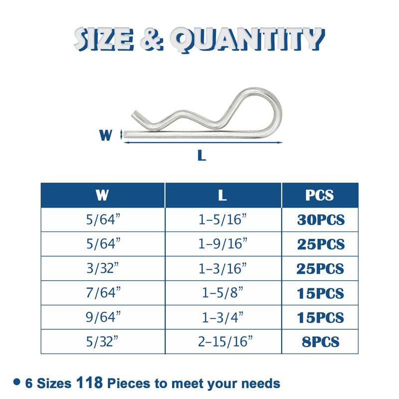 [Australia - AusPower] - 118PCS 6 Sizes Cotter Pin Assortment Kit Zinc Plated Steel R Shaped Small Hardware Hitch Pins Clip Cotter Pins Set OLA010-118 118PCS Assortment Kit 