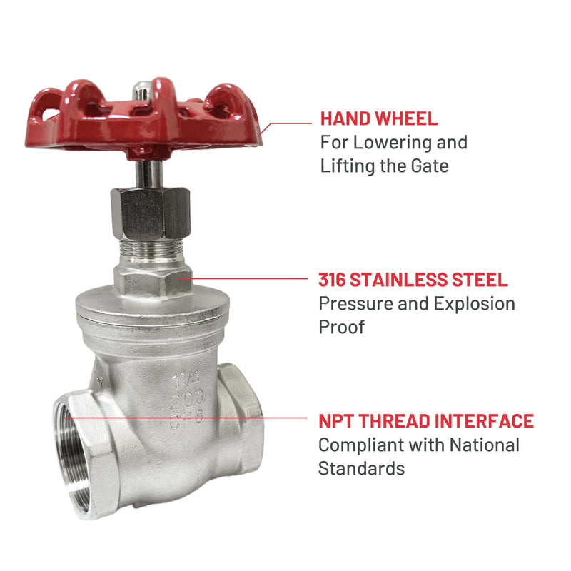 ZKH 2 Pcs Heavy Duty Gate Valve - 1-1/4" NPT Stainless Steel Female x Female Thread Rotary Sluice Valve