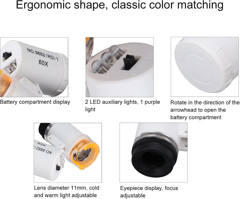 [Australia - AusPower] - Juwelier Magnifier 60X with Light Mini Microscope, Mini 60X LED Microscope Pocket Magnifier, Pocket Microscope, Handheld Currency Detector Jeweler, Magnifier with LED Light (White) 