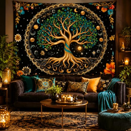 Delur Tree of Life Tapestry Moon Phase Nature Flower Plant Tapestry Wall Hanging Boho Mandala Spiritual Sun Aesthetic Psychedelic Headboard for Bedroom Living Room Home Decor (70.8" x 92.5") 70.8"L x 92.5"W Moon Phase Tree of Life