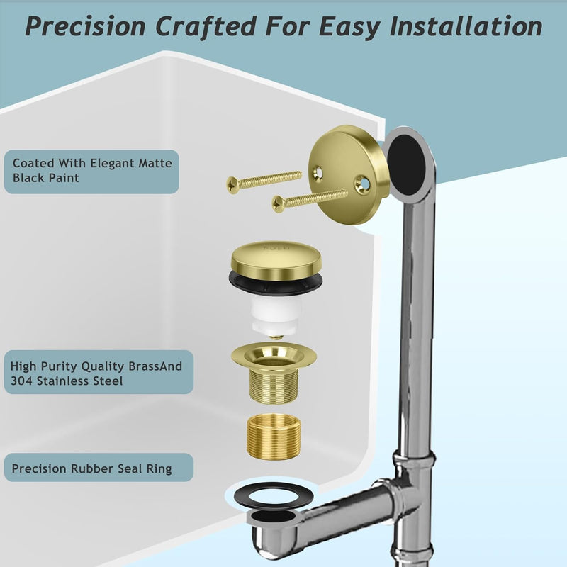 Tip-Toe Bathtub Drain Kit with Two-Hole Overflow Plate, Premium Quality Bath Tub Drain Replacement fits for All Bathtub, Universal Fine/Coarse Thread Bathtub Stopper (Brushed Gold) Brushed Gold