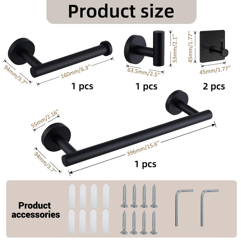5-Pieces Bathroom Hardware Set, SUS304 Stainless Steel Towel Rack Set, 16" Hand Towel Rack, Toilet Paper Rack, 3 Bathrobe Towel Hooks, Bathroom Accessories, Towel Rack Set(Matte Black) Matte Black
