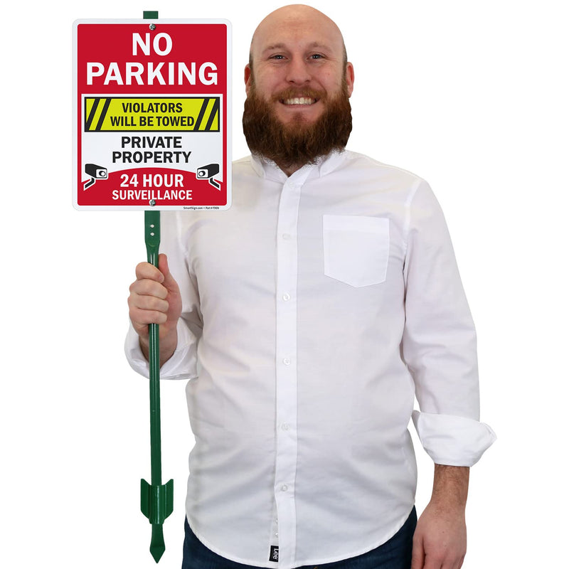 SmartSign 12" x 10" 'No Parking Violators Towed Private Property 24 Hour Surveillance' Yard Sign with 3 ft Stake, 40 mil Aluminum, 3M Laminated Engineer Grade Reflective, Set of 1 10" x 12" Reflective Aluminum Sign with 3' Stake