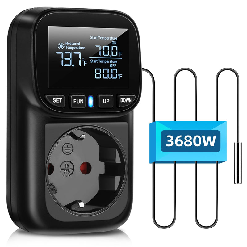 [Australia - AusPower] - Digital Temperature Controller Socket, 230 V Thermostat Socket with 2 m Sensor, Heating, Cooling Temperature Switch, Thermostat Socket, Temperature Switch for Greenhouse, Aquarium, Fridge Black 
