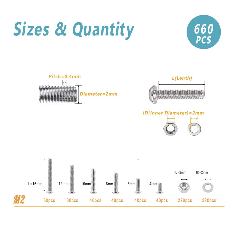 [Australia - AusPower] - 660 Pcs M2 Screw Assortment,Button Head Socket Cap Screws Kit,M2x4mm,6mm,8mm,10mm,12mm,16mm 304 Stainless Steel Metric Bolts Nuts Washers Kit with 1 Hex Allen Wrench 660Pcs M2 4mm-16mm 