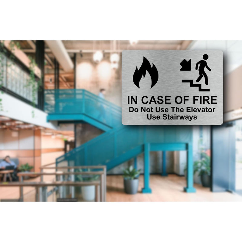 Fire Safety Sign - "In Case Of Fire Do Not Use The Elevator Use Stairways" - Aluminium, UV Printed, Self-Adhesive, Interior/Exterior Use, Fire Exit Direction (Large) Large