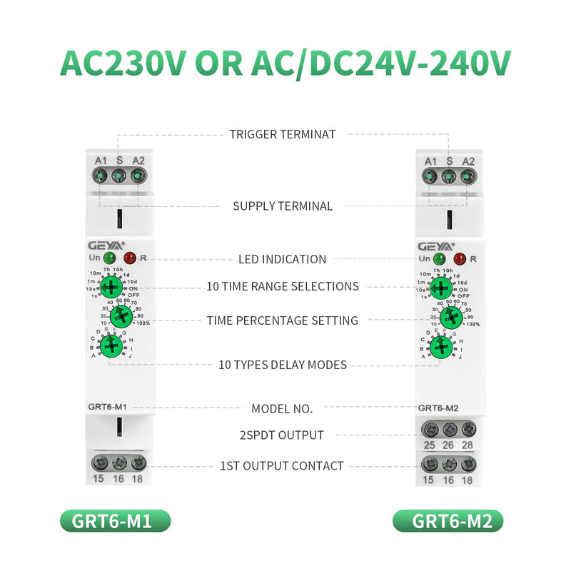 GEYA 10A MultifunctionTimer Relay 10 Funcitons Time Delay Relay 2SPDT DIN Rail 0.1s-10 Days(GRT6-M2,AC/DC24V-240V) AC/DC24V-240V Grt6-m2