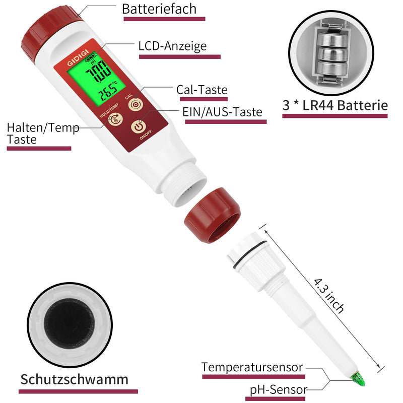 [Australia - AusPower] - pH Meter for Food, GIDIGI Digital pH Tester for Food, Precise pH Test Kits for Preservation with ATC, Professional pH Test Pen for Fermentation, Spear pH Probe for Bread Cheese 