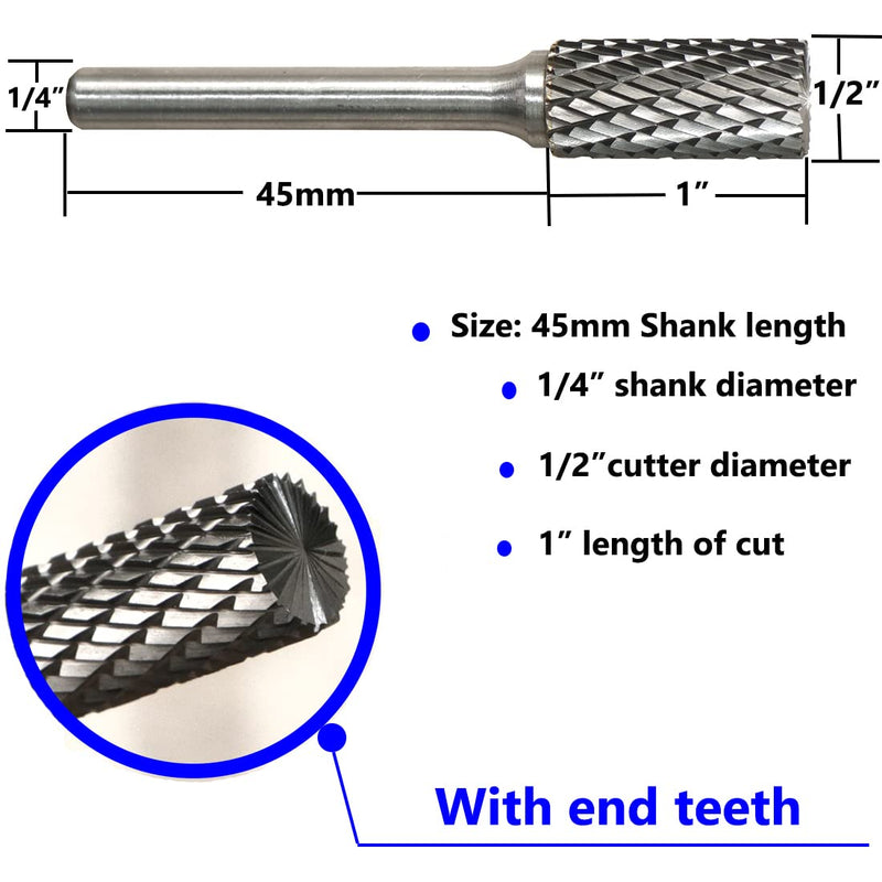 SB-5 Carbide Burr Set Tungsten Die Grinder Bits (1/2" Head Dia X 1" Cutter Length) with 1/4" (6.35mm) Shank for Die Grinder Bits Drill Rotary Tools Cylinder Shape (Pack of 5)