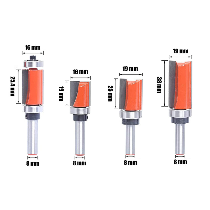 [Australia - AusPower] - AKYLIN Flush Cutter 8 mm Shank, 4 Pieces Flush Cutter Ball Bearing, Edges Copy Cutter with Ball Bearing, Flush Cutter Set, Woodworking Cutting Tool for Wood 4pcs-8mm Schaft 