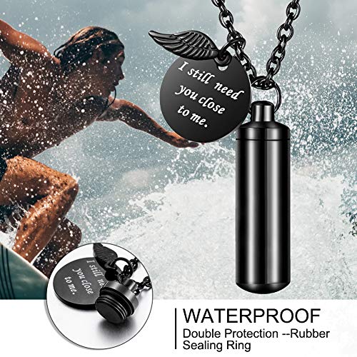 abooxiu Cylinder Urn Necklace for Ashes Cremation Jewelry/Keychain for human Pet Stainless Steel Memorial Keepsake Pendant with Angel Wing Charm Ashes Black-M