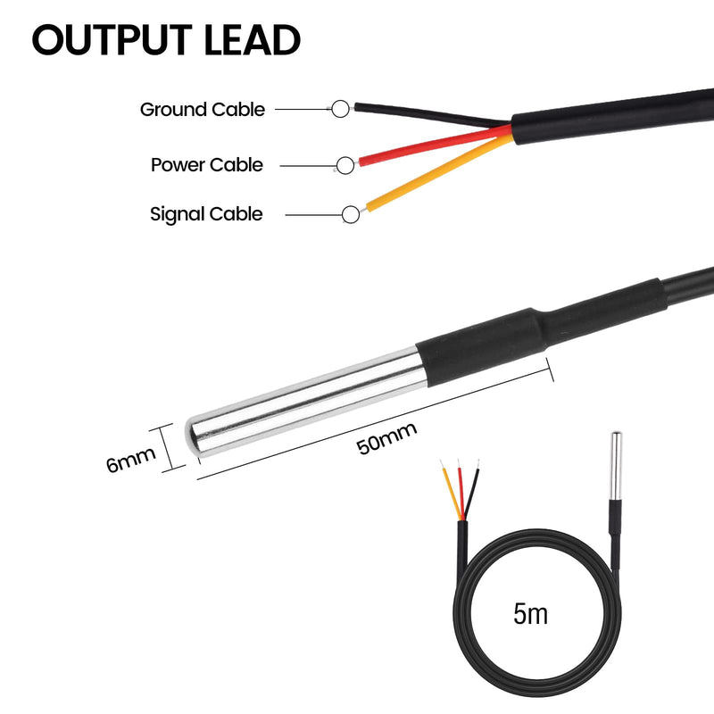 Aideepen 5 x Temperature Sensors, 5 m Cable, Waterproof Temperature Sensor, Digital Stainless Steel Temperature Sensor, Compatible with Arduino and Raspberry Pi, Includes E-Book, Compatible with Shelly 5 pieces 5 m