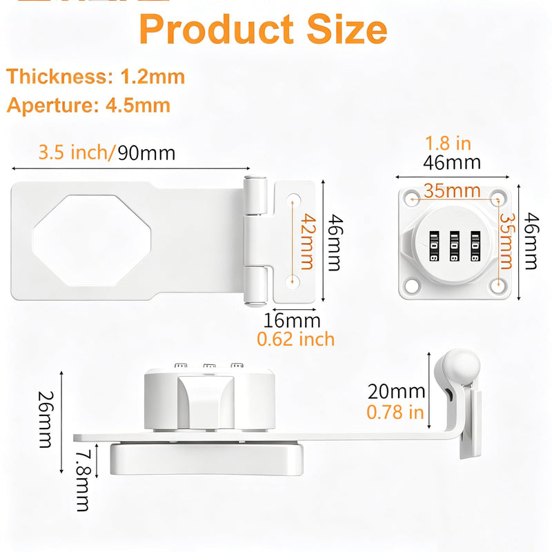 90 Degree Door Password Hasp Latch Lock- White Keyless Sliding Closet Lock Safety Right Angle Hasp Lock Barn Door Lock and Latch for Shed, Cabinet, Gate, Bedroom, Fence, Garden, Backyard Door 2 PCS White 2 Pack