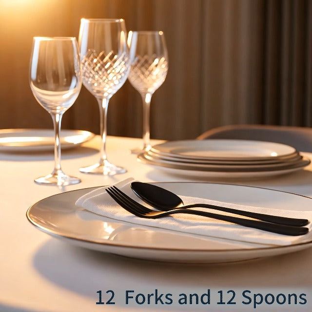 24 Piece Black Forks and Spoons Silverware Set for 12, Food Grade Stainless Steel Dinner Forks and Spoons(6.7 Inch) Black Silverware Set, Heavy-Duty Cutlery Set, Dishwasher Safe 24-PCS
