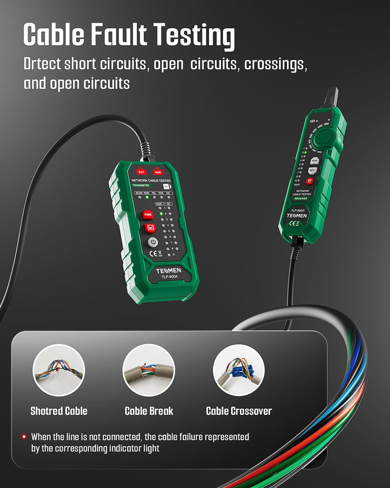 [Australia - AusPower] - TESMEN TLP-900AR Network Cable Tester, RJ11 RJ45, for CAT5/6/POE/STP, Multi-function Cable Tracer with Pairing, Continuity, QC&NCV, Suitable for Ethernet, Telephone, Wire maintenance and sorting-Green Green 