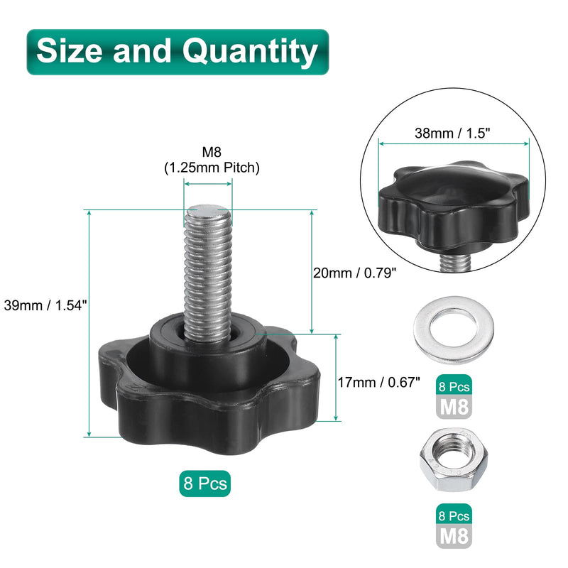 [Australia - AusPower] - uxcell 4pcs Star Clamping Knobs with Nuts Washers, M8 x 20mm Metric 304 Stainless Steel Male Thread 38mm 6-Star Plastic Head, Threaded Stud Hand Knobs Handles Thumb Screws, Black 